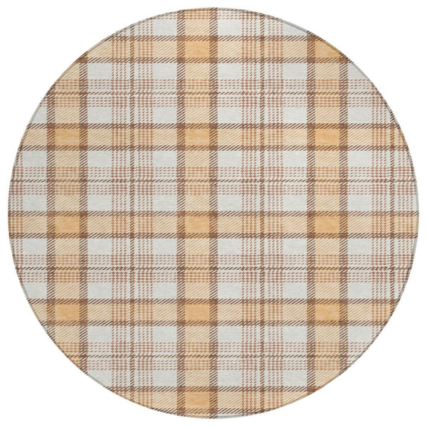 HomeRoots 5' Peach and Beige Plaid Area Rug - Durable, Washable, Indoor/Outdoor Solution for Stylish Spaces 8' Round 601346
