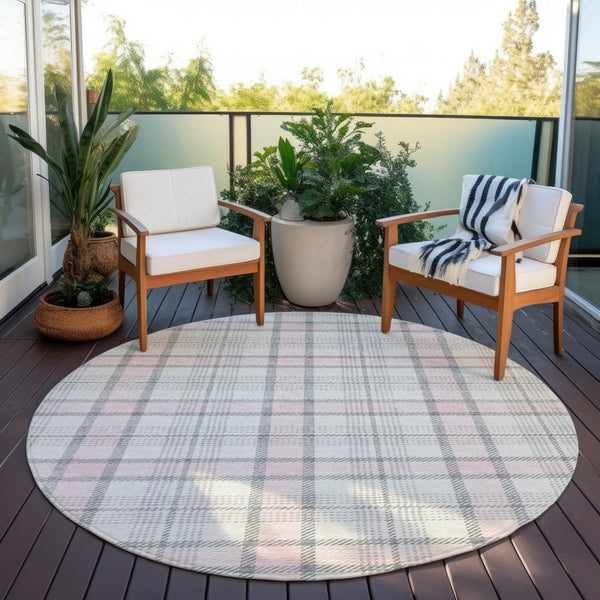 Homeroots 3' Aqua And Gray Plaid Washable Area Rug - Durable Indoor Outdoor Design For High Traffic Spaces 8' Round Polyester 601352