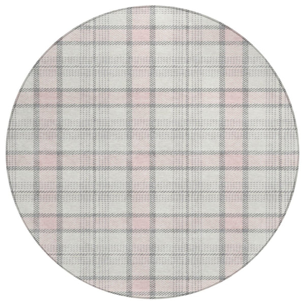 HomeRoots 5' Pink and Gray Plaid Washable Area Rug - Durable, Stylish, Perfect for Indoor and Outdoor Spaces 8' Round 601352