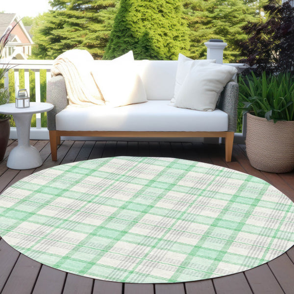 Homeroots 3' Aqua And Gray Plaid Washable Area Rug - Durable Indoor Outdoor Design For High Traffic Spaces 8' Round Polyester 601358