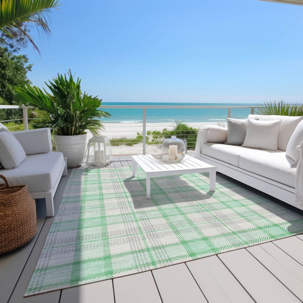 Homeroots 3' Aqua And Gray Plaid Washable Area Rug - Durable Indoor Outdoor Design For High Traffic Spaces 8' X 10' Polyester 601359