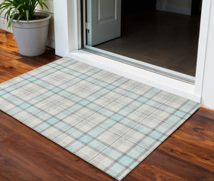 Homeroots 3' Aqua And Gray Plaid Washable Area Rug - Durable Indoor Outdoor Design For High Traffic Spaces 3' X 5' Polyester 601362