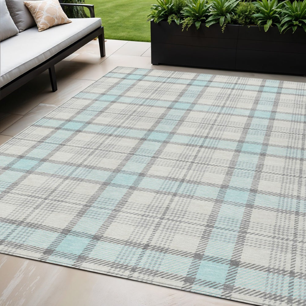 HomeRoots 5' Sky Blue and Gray Plaid Area Rug - Durable, Washable Indoor-Outdoor Accent for Any Space 5' X 8' 601363