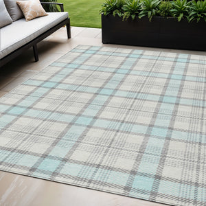 Homeroots 3' Aqua And Gray Plaid Washable Area Rug - Durable Indoor Outdoor Design For High Traffic Spaces 5' X 8' Polyester 601363