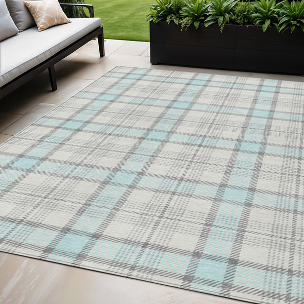 Homeroots 3' Aqua And Gray Plaid Washable Area Rug - Durable Indoor Outdoor Design For High Traffic Spaces 5' X 8' Polyester 601363