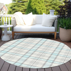 Homeroots 3' Aqua And Gray Plaid Washable Area Rug - Durable Indoor Outdoor Design For High Traffic Spaces 8' Round Polyester 601364