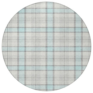 Homeroots 3' Aqua And Gray Plaid Washable Area Rug - Durable Indoor Outdoor Design For High Traffic Spaces 8' Round Polyester 601364