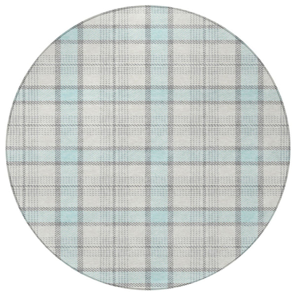 Homeroots 3' Aqua And Gray Plaid Washable Area Rug - Durable Indoor Outdoor Design For High Traffic Spaces 8' Round Polyester 601364