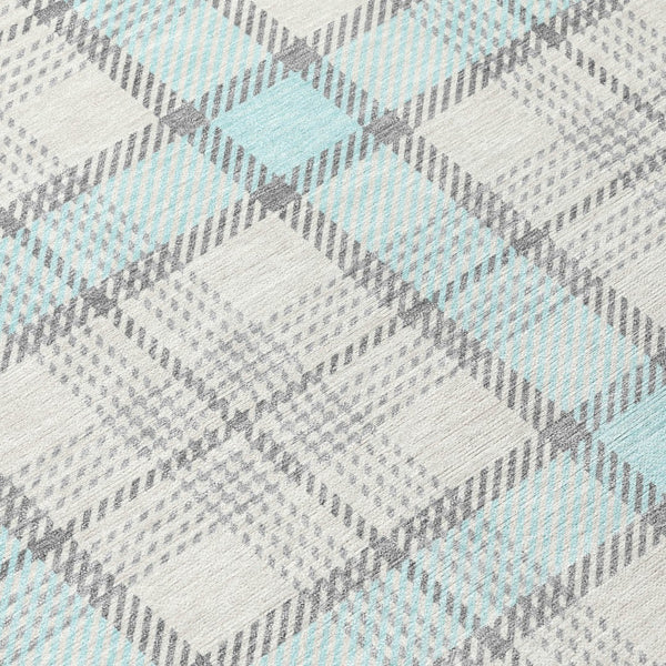 Homeroots 3' Aqua And Gray Plaid Washable Area Rug - Durable Indoor Outdoor Design For High Traffic Spaces 8' Round Polyester 601364