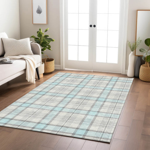 Homeroots 3' Aqua And Gray Plaid Washable Area Rug - Durable Indoor Outdoor Design For High Traffic Spaces 9' X 12' Polyester 601366