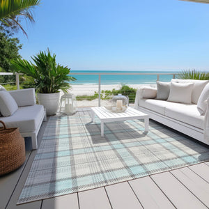 Homeroots 3' Aqua And Gray Plaid Washable Area Rug - Durable Indoor Outdoor Design For High Traffic Spaces 9' X 12' Polyester 601366