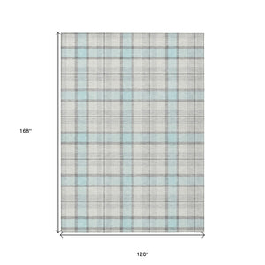 Homeroots 3' Aqua And Gray Plaid Washable Area Rug - Durable Indoor Outdoor Design For High Traffic Spaces 10' X 14' Polyester 601367