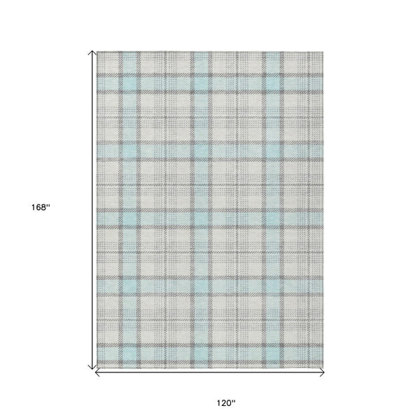 Homeroots 3' Aqua And Gray Plaid Washable Area Rug - Durable Indoor Outdoor Design For High Traffic Spaces 10' X 14' Polyester 601367