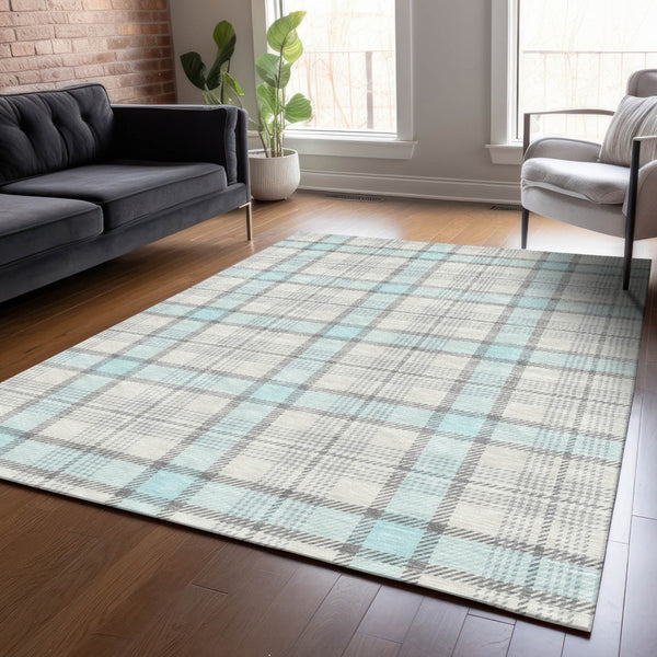 Homeroots 3' Aqua And Gray Plaid Washable Area Rug - Durable Indoor Outdoor Design For High Traffic Spaces 10' X 14' Polyester 601367