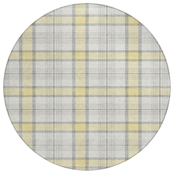 HomeRoots 5' Yellow and Gray Plaid Washable Area Rug - Durable, Stylish, Indoor/Outdoor Use for Any Space 8' Round 601376