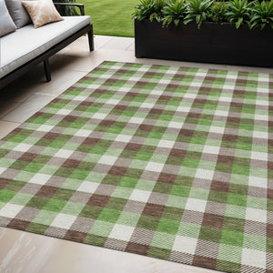 Homeroots 3' Stylish Brown Green Beige Plaid Washable Rug For Indoor And Outdoor Use - Durable And Chic 5' X 8' Polyester 601381