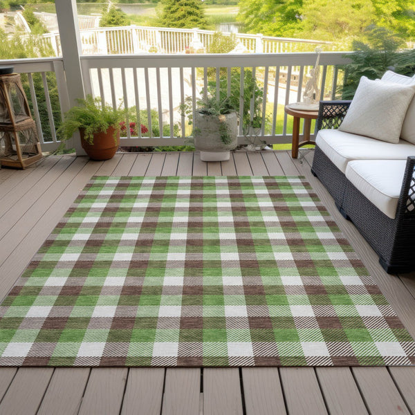 Homeroots 3' Stylish Brown Green Beige Plaid Washable Rug For Indoor And Outdoor Use - Durable And Chic 8' X 10' Polyester 601383