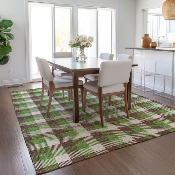 Homeroots 3' Stylish Brown Green Beige Plaid Washable Rug For Indoor And Outdoor Use - Durable And Chic 8' X 10' Polyester 601383
