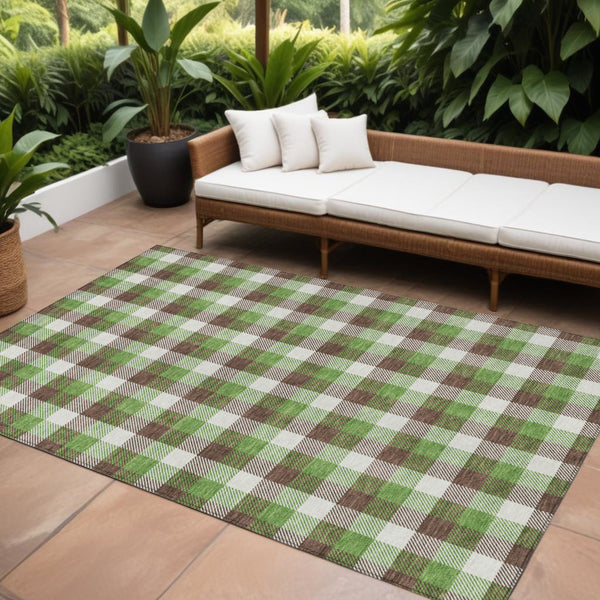 Homeroots 3' Stylish Brown Green Beige Plaid Washable Rug For Indoor And Outdoor Use - Durable And Chic 10' X 14' Polyester 601385
