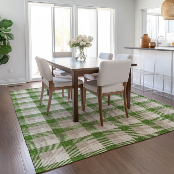 Homeroots 3' Stylish Brown Green Beige Plaid Washable Rug For Indoor And Outdoor Use - Durable And Chic 9' X 12' Polyester 601390