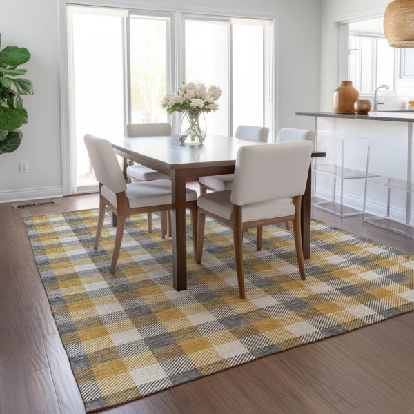 Homeroots 3' Stylish Brown Green Beige Plaid Washable Rug For Indoor And Outdoor Use - Durable And Chic 5' X 8' Polyester 601399