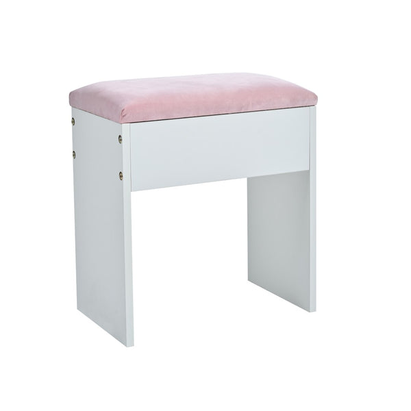 English Elm Vanity Desk with Hollywood Bulbs Glass Top Pink Glam Drawers and Cushioned Stool N704P340246K