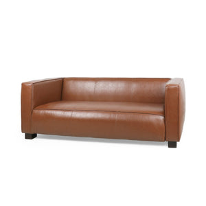 English Elm Light Brown Leather Three Seat Sofa with Dark Wood Legs for Modern Living Rooms N770P387768E