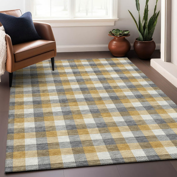 Homeroots 3' Stylish Brown Green Beige Plaid Washable Rug For Indoor And Outdoor Use - Durable And Chic 9' X 12' Polyester 601402