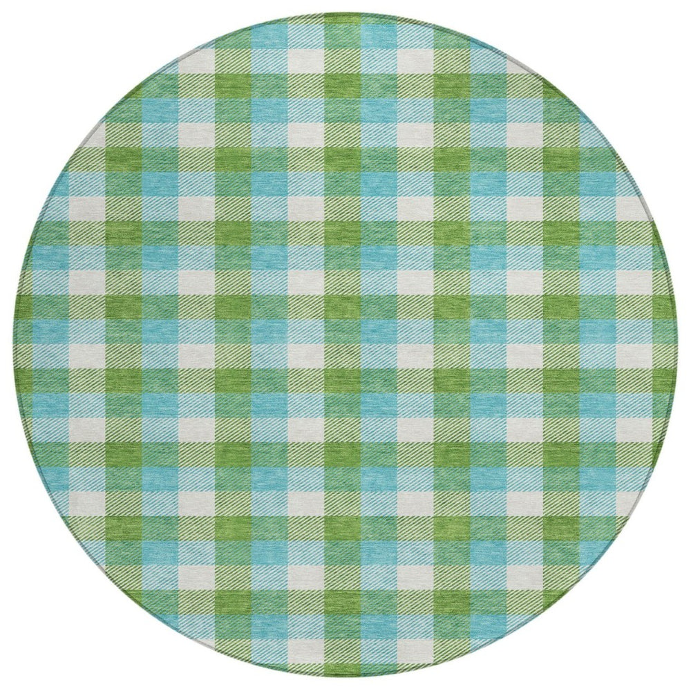 HomeRoots 5' Stylish Lime Green Aqua Beige Plaid Area Rug - Durable, Washable, Perfect for Indoor & Outdoor Spaces 8' Round 601406