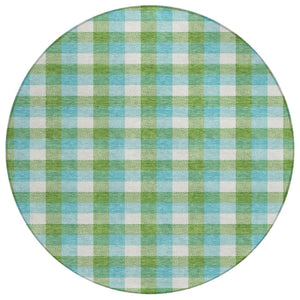 HomeRoots 5' Stylish Lime Green Aqua Beige Plaid Area Rug - Durable, Washable, Perfect for Indoor & Outdoor Spaces 8' Round 601406