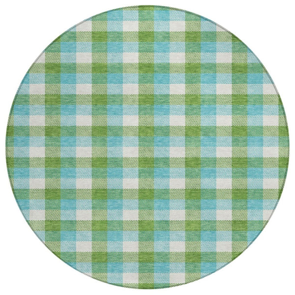 HomeRoots 5' Stylish Lime Green Aqua Beige Plaid Area Rug - Durable, Washable, Perfect for Indoor & Outdoor Spaces 8' Round 601406