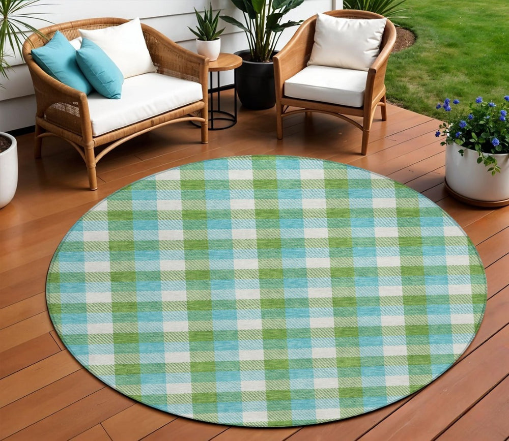 HomeRoots 5' Stylish Lime Green Aqua Beige Plaid Area Rug - Durable, Washable, Perfect for Indoor & Outdoor Spaces 8' Round 601406