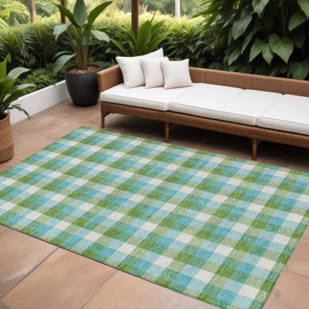 HomeRoots 9' Indoor Outdoor Area Rug - Vibrant Lime Green, Aqua & Beige Plaid - Durable, Washable & Stylish! 601408