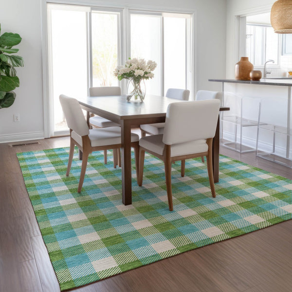 Homeroots 3' Stylish Brown Green Beige Plaid Washable Rug For Indoor And Outdoor Use - Durable And Chic 10' X 14' Polyester 601409