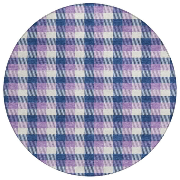HomeRoots 5' Stylish Navy Blue, Purple & Beige Plaid Area Rug for Indoor/Outdoor Use - Durable & Washable Comfort 8' Round 601412