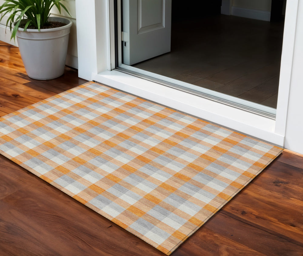 Homeroots 3' Stylish Brown Green Beige Plaid Washable Rug For Indoor And Outdoor Use - Durable And Chic 3' X 5' Polyester 601416