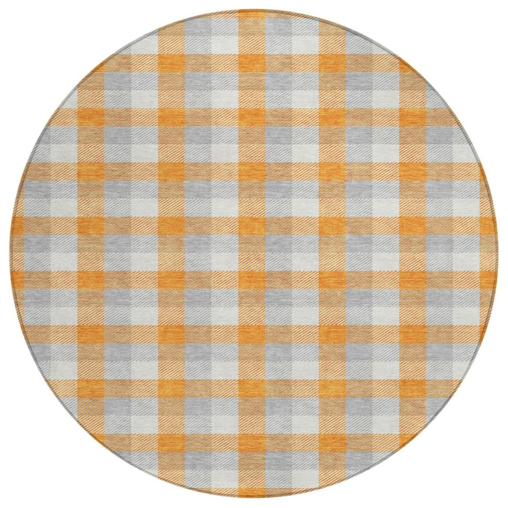 HomeRoots 5' Stylish Plaid Washable Area Rug in Orange, Gray & Beige - Durable for Indoor/Outdoor Use 8' Round 601418