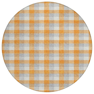 HomeRoots 5' Stylish Plaid Washable Area Rug in Orange, Gray & Beige - Durable for Indoor/Outdoor Use 8' Round 601418