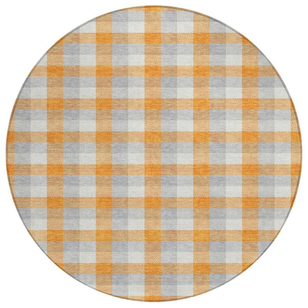 HomeRoots 5' Stylish Plaid Washable Area Rug in Orange, Gray & Beige - Durable for Indoor/Outdoor Use 8' Round 601418