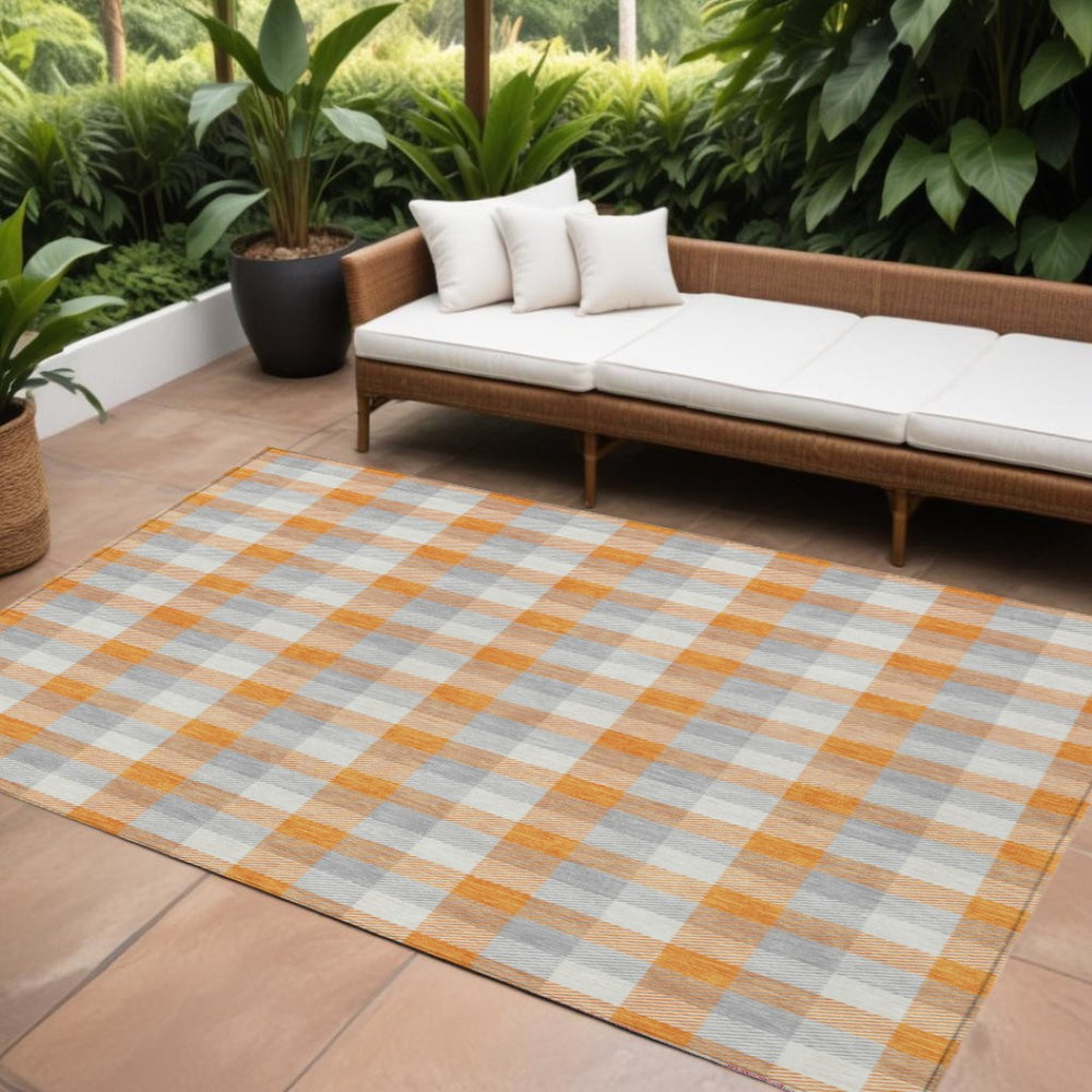 HomeRoots 9' Stylish Orange, Gray & Beige Plaid Washable Area Rug - Durable for Indoor/Outdoor Use & Easy Care 601420