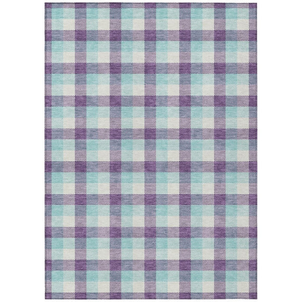 HomeRoots 5' Durable Purple Aqua Beige Plaid Washable Area Rug for Indoor & Outdoor High-Traffic Use 5' X 8' 601423