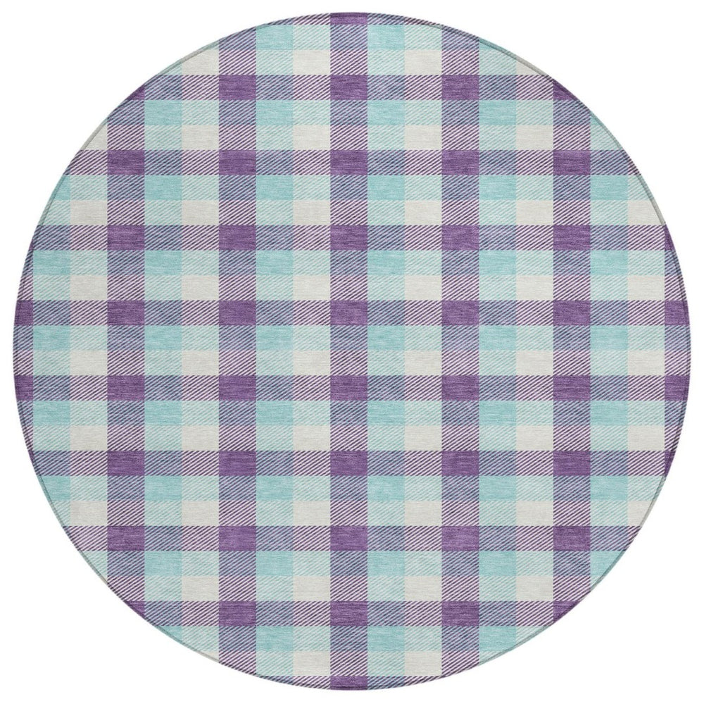 HomeRoots 5' Durable Purple Aqua Beige Plaid Washable Area Rug for Indoor & Outdoor High-Traffic Use 8' Round 601424
