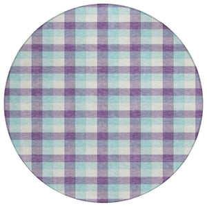 HomeRoots 5' Durable Purple Aqua Beige Plaid Washable Area Rug for Indoor & Outdoor High-Traffic Use 8' Round 601424
