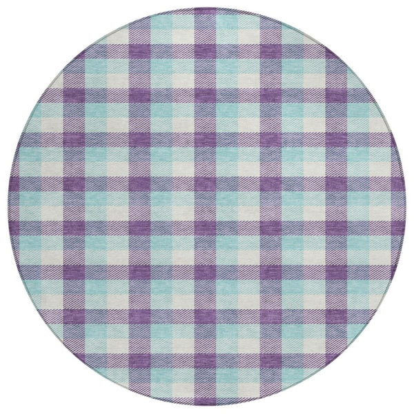 HomeRoots 5' Durable Purple Aqua Beige Plaid Washable Area Rug for Indoor & Outdoor High-Traffic Use 8' Round 601424