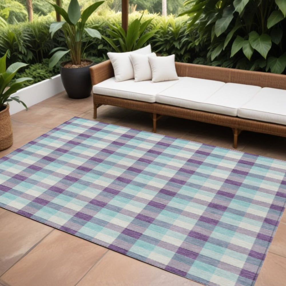 HomeRoots 9' Stylish Purple Aqua Beige Plaid Washable Area Rug - Durable Indoor/Outdoor Décor for Any Space 601426
