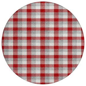 HomeRoots 5' Classic Plaid Indoor Outdoor Area Rug - Durable Red, Gray & Beige Design for Versatile Spaces 8' Round 601430