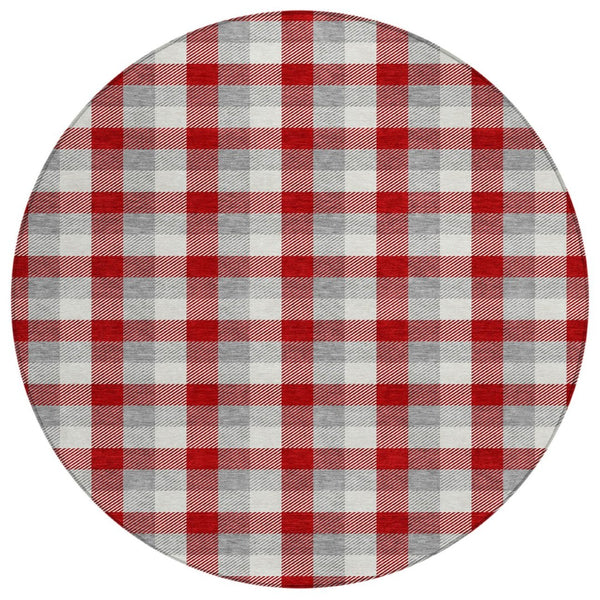 HomeRoots 5' Classic Plaid Indoor Outdoor Area Rug - Durable Red, Gray & Beige Design for Versatile Spaces 8' Round 601430