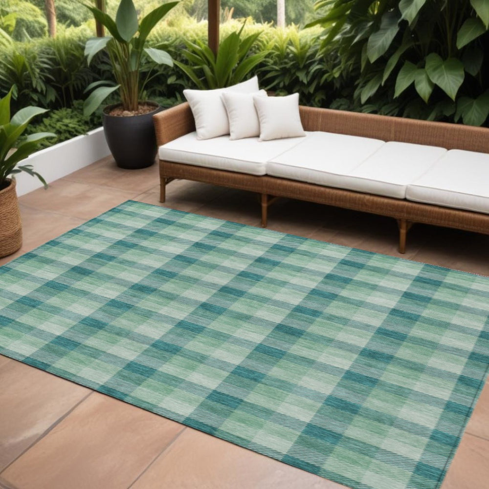 HomeRoots 5' Blue and Green Plaid Washable Indoor Outdoor Area Rug - Stylish, Stain-Resistant, Easy Care Design 10' X 14' 601439