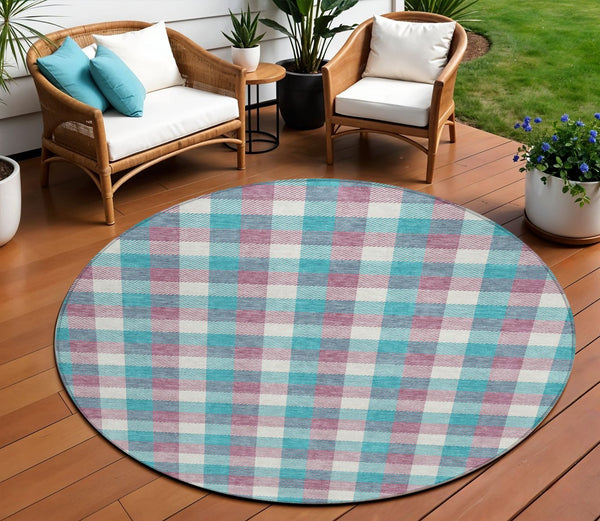 Homeroots 3' Stylish Brown Green Beige Plaid Washable Rug For Indoor And Outdoor Use - Durable And Chic 8' Round Polyester 601442
