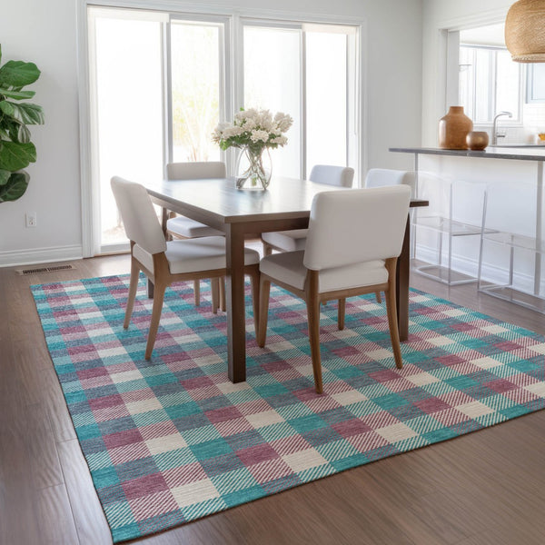 Homeroots 3' Stylish Brown Green Beige Plaid Washable Rug For Indoor And Outdoor Use - Durable And Chic 9' X 12' Polyester 601444